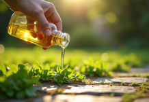 Versement de vinaigre sur des mauvaises herbes entre pavés