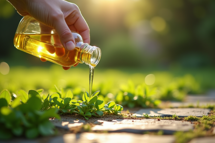 vinaigre-contre-mauvaises-herbes Versement de vinaigre sur des mauvaises herbes entre pavés